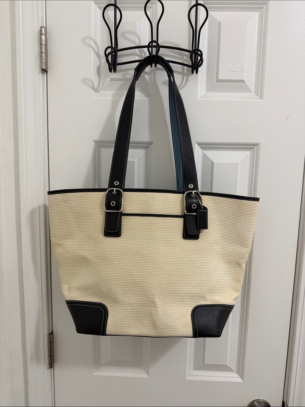 Coach Straw Hampton Cream and Black Tote Bag